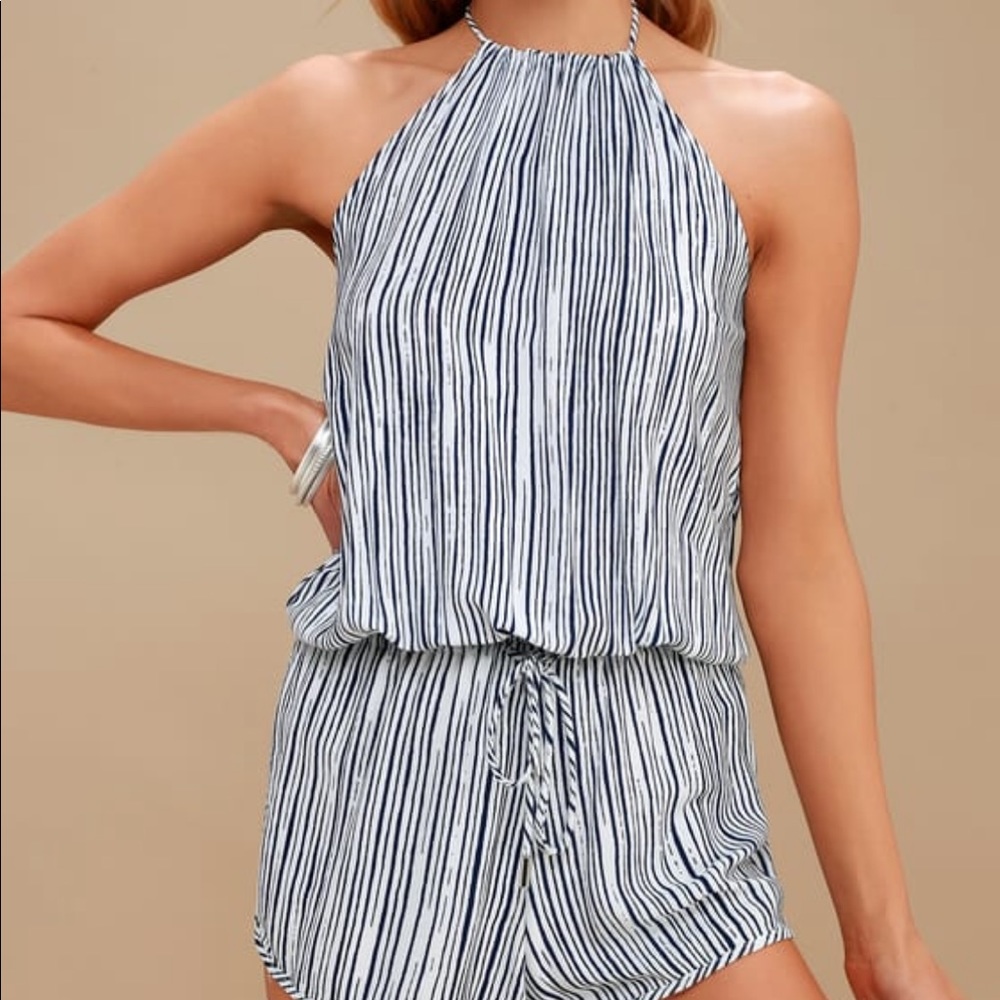 Lulu’s fortuitous navy blue striped halter romper